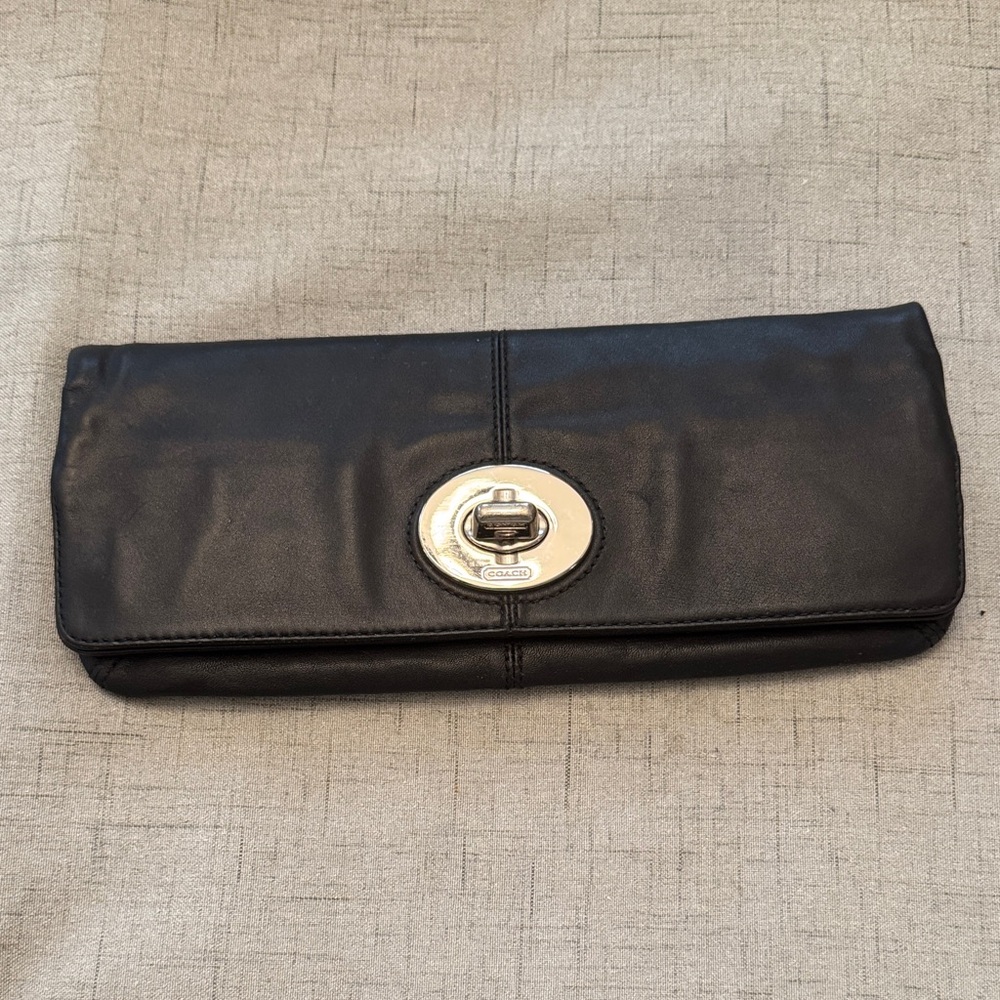 Coach Black Leather Turnlock Fold-Over Clutch